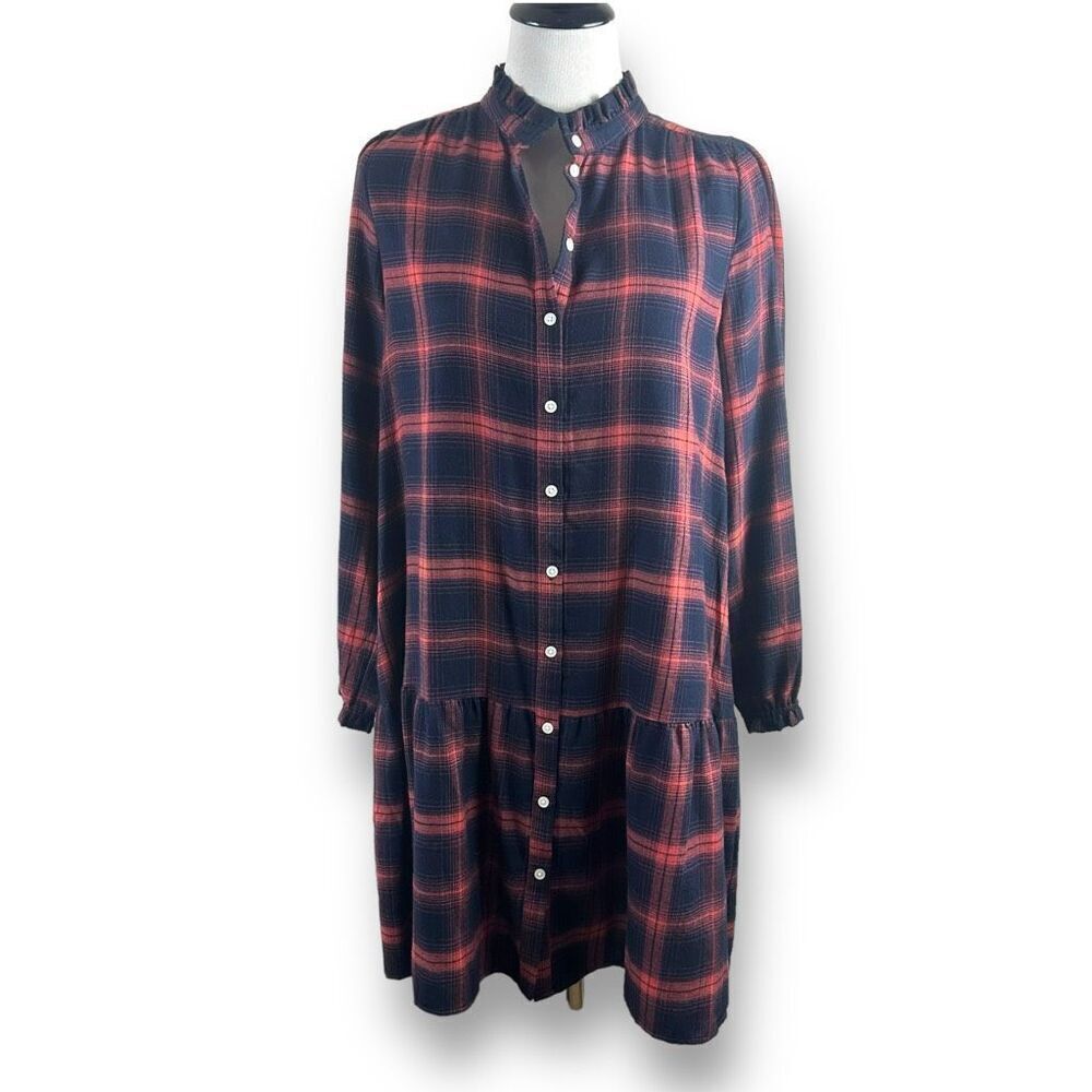 Loft Women's M Button Up Plaid Shirt Dress Blue Red Long Sleeve Modest